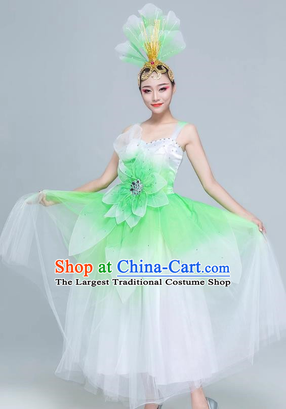 Green Dance Clothing For Women Adult Performance Clothing Female Modern Dance Youth Stage Performance Clothing Accompanying Dancer Mid Length Gauze Skirt Opening Dance