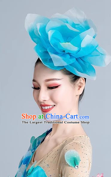 Blue Dance Headdress Performance Headdress Flower Opening Modern Dance Performance Props Accessories Peony Headdress Square Dance Headdress