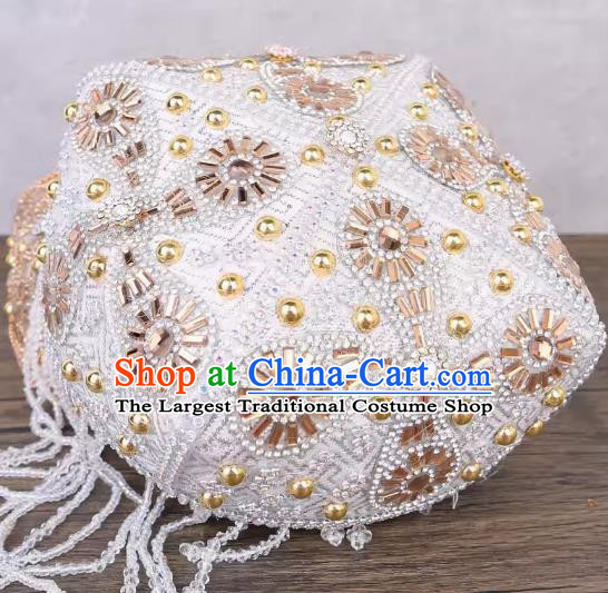 Yellow And White Uighur Flower Hat Handmade Beaded Lady Red Bada Wood Flower Headdress China Xinjiang Dance Stage Hat