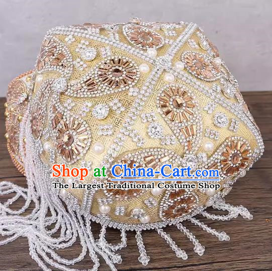 Beige Uyghur Flower Hat Handmade Beaded Lady Red Bada Wood Flower Headdress China Xinjiang Dance Stage Hat