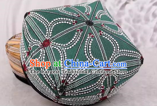 Green Chinese Xinjiang Dance Men Hat High End Ethnic Style Traditional Four Corner Flower Hat Dance Hat Uighur Square Dance Performance Hat