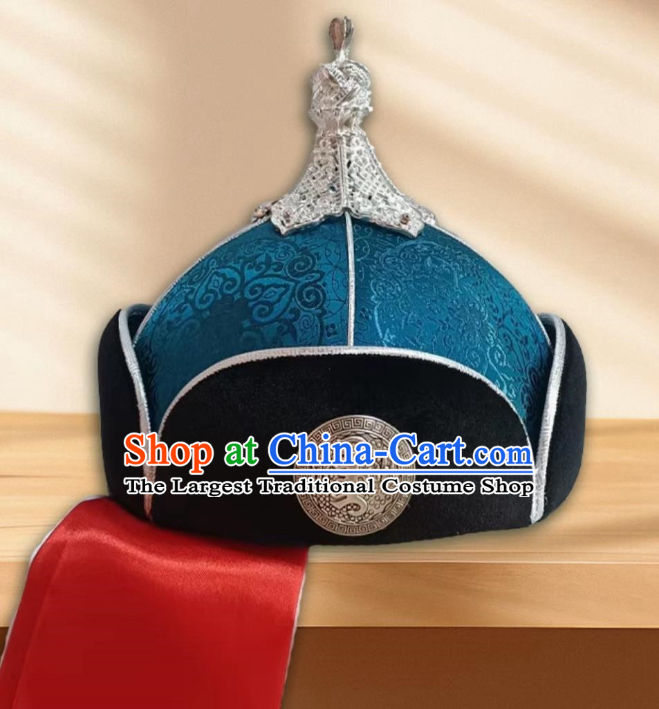 Peacock Blue Men Adult Mongolian Pointed Hat Prairie Prince Hat Headwear