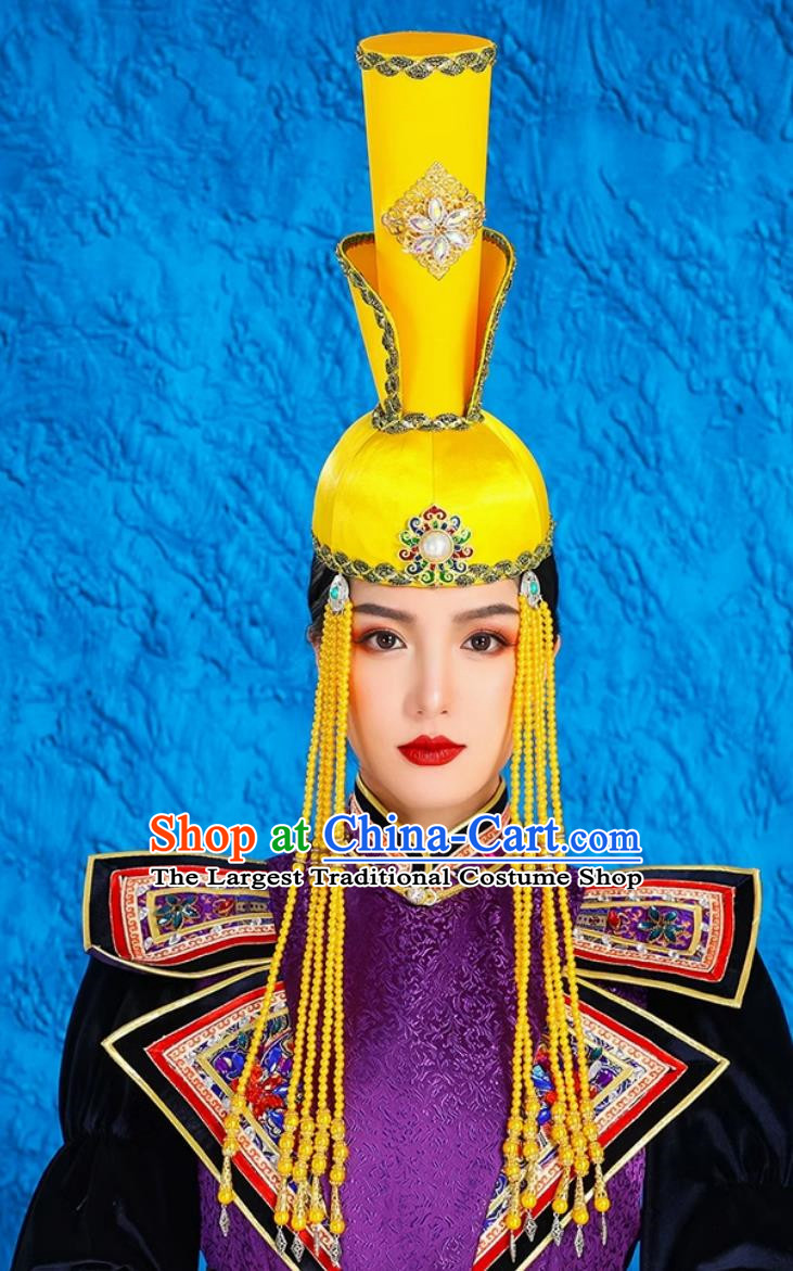 Mongolian Ladies Yellow Tall Hat Minority Style National Style Classical Tiara Catwalk Headwear