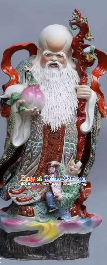 Chinese Jingdezhen Ceramic Statue Handmade Porcelain Craft Traditional God of Longevity Figurine