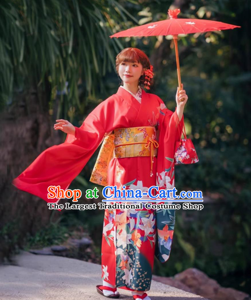 Asian Japan National Dress Japanese Traditional Garments Classical Lily Flowers Pattern Furisode Kimono for Women