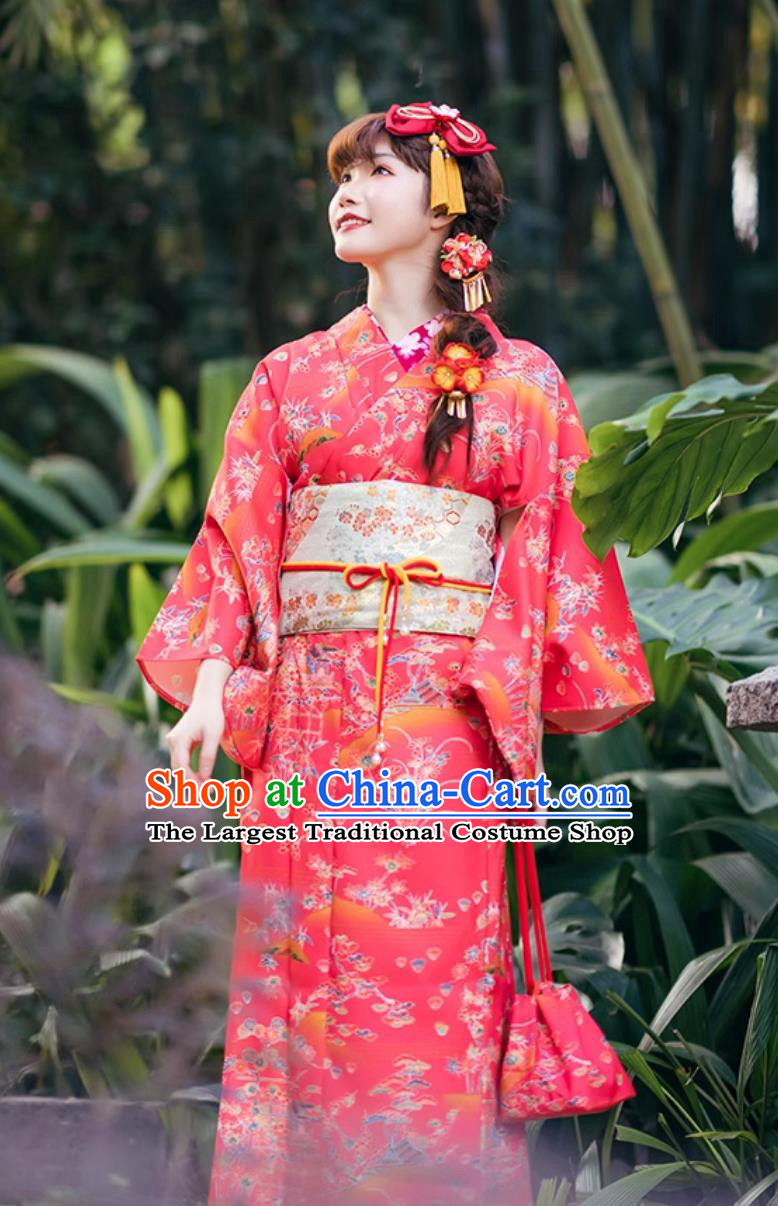 Japanese Kimono Red Floral Visit Attire