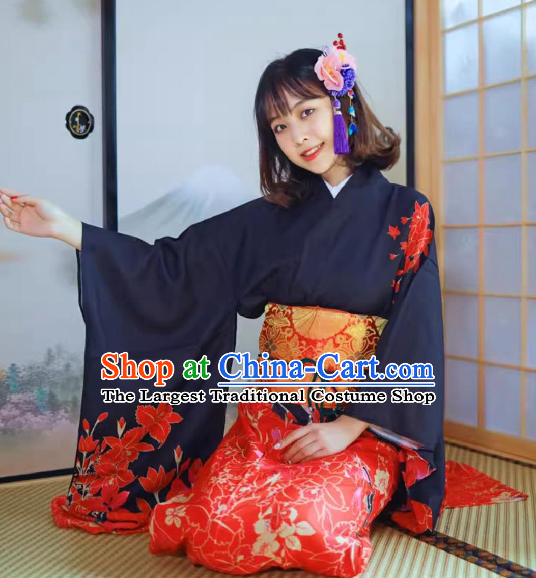 Japanese Printing Floral Furisode Kimono Women Kimono Formal Attire