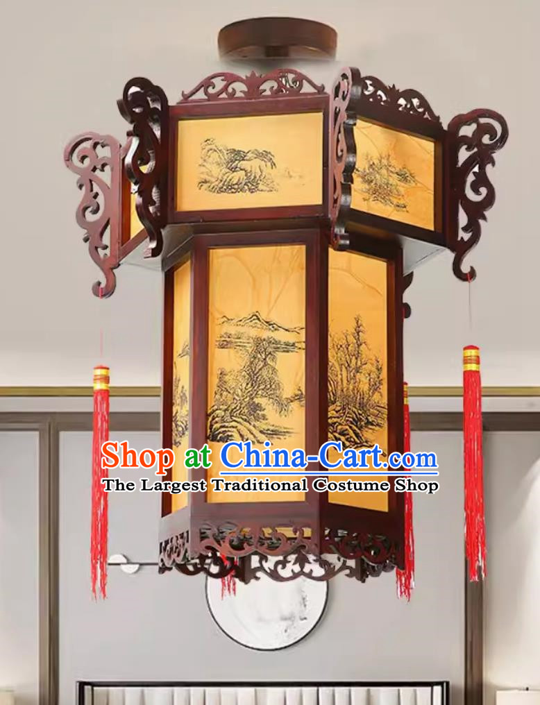 55cm Antique Palace Lantern Chinese Style Solid Wood Hexagonal Palace Lantern Yellow Sheepskin New Year Lantern