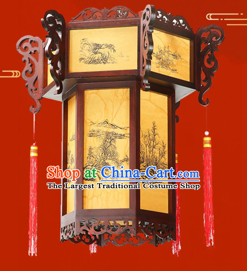 55cm Antique Palace Lantern Chinese Style Solid Wood Hexagonal Palace Lantern Yellow Sheepskin New Year Lantern