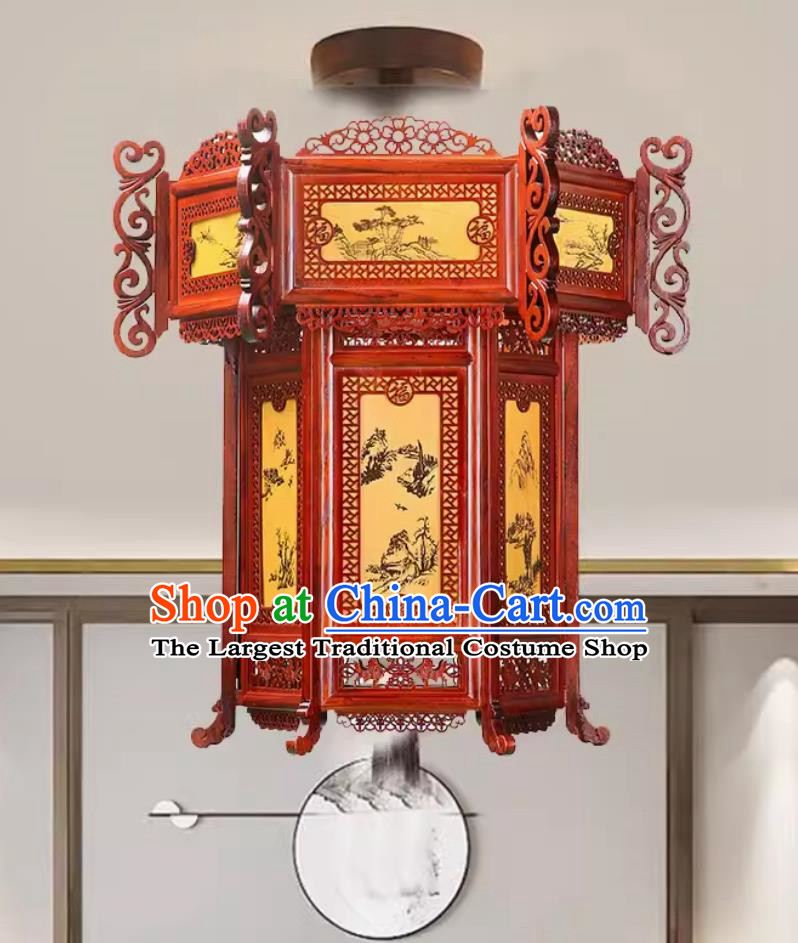 55cm Antique Palace Lantern Chinese Style Solid Wood Hexagonal Landscape Palace Lantern Yellow Sheepskin New Year Lantern