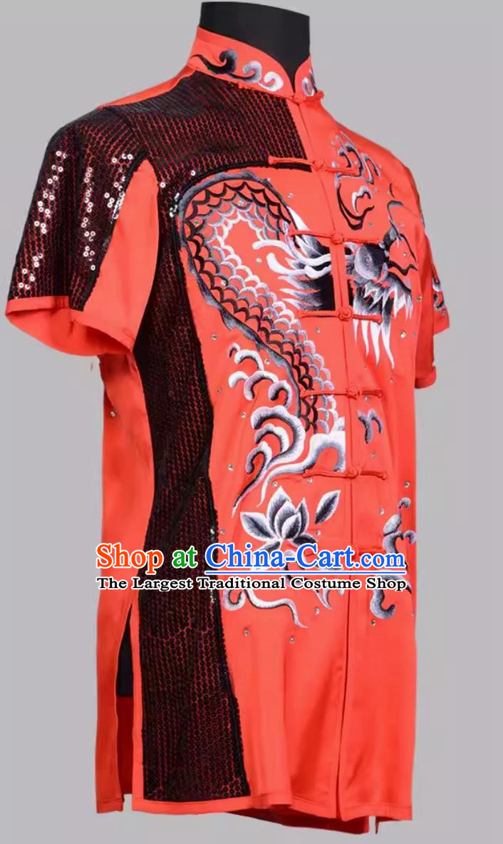 Martial Arts Black Sequin Embroidered Dragon Cloud Red Performance Clothing Competition Practice Clothing