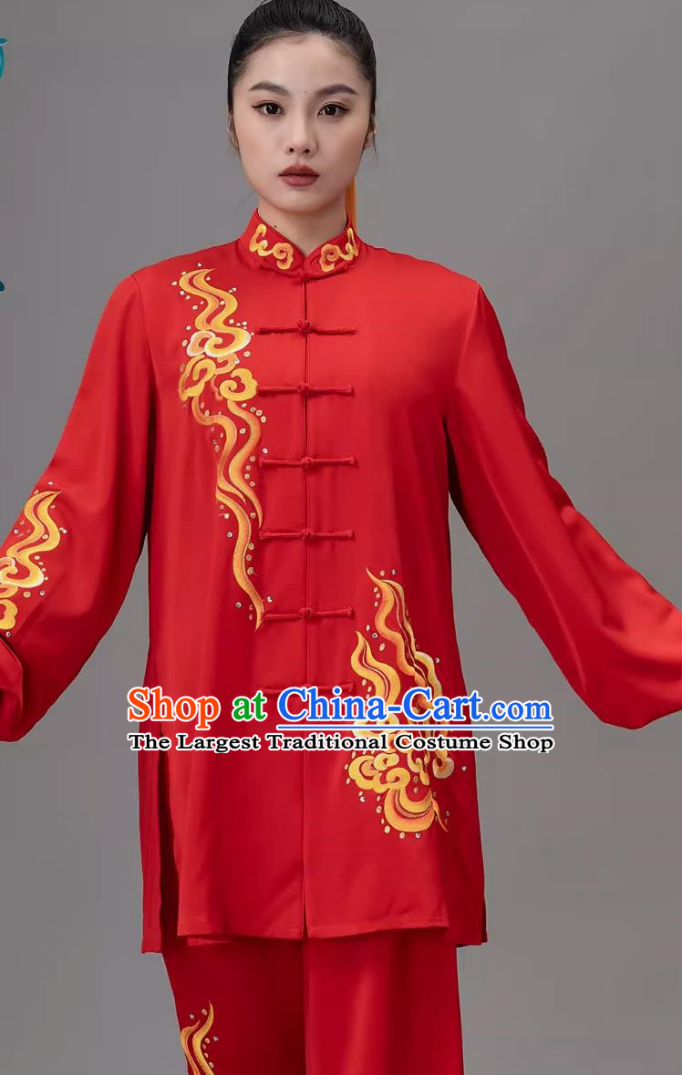 Chinese Red Embroidered Xiangyun Tai Chi Performance Competition Wear Tai Chi Suit