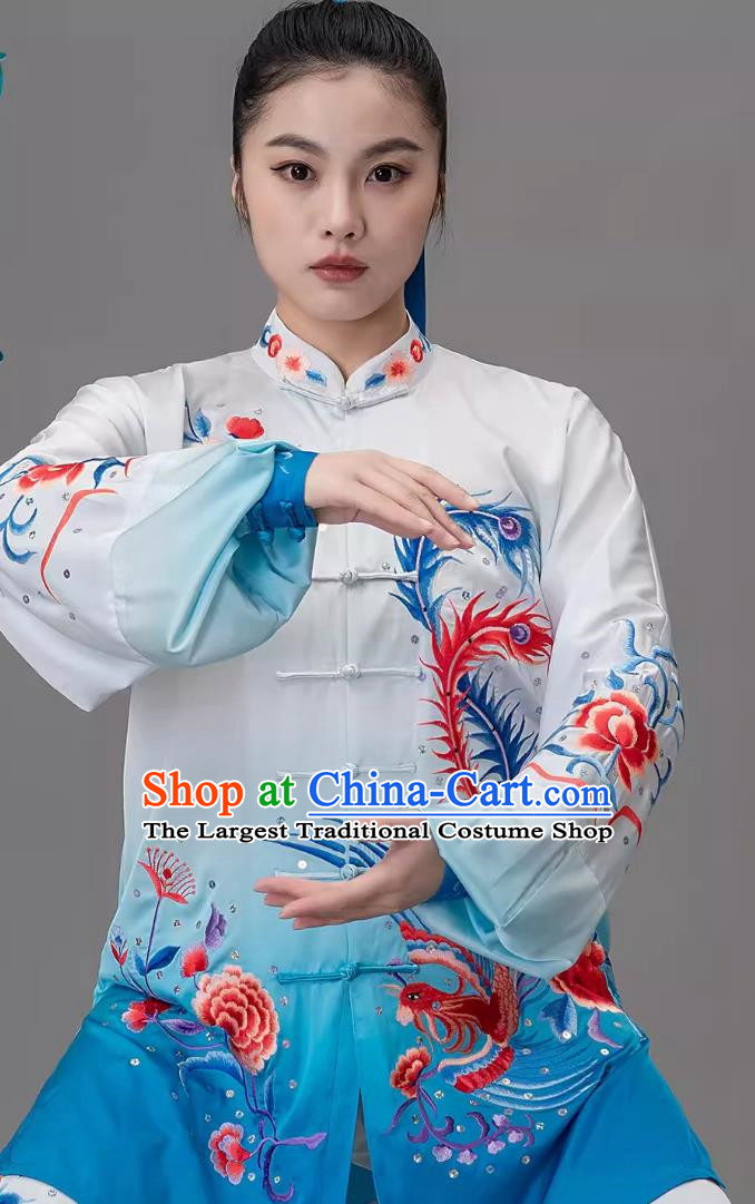 Blue Gradient Embroidered Phoenix Tai Chi Suit Embroidered Performance Suit Performance Qigong Suit