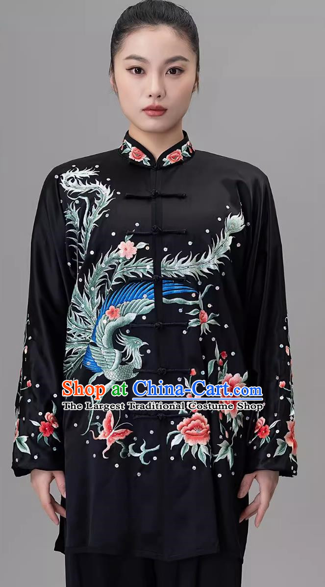 Black Embroidered Phoenix Silk Drooping And Elegant Tai Chi Suit Tai Chi Competition Practice Ba Duan Jin Set