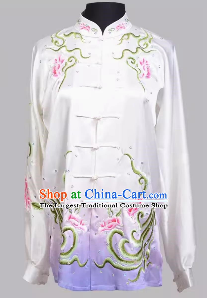 Tai Chi Suit Purple Gradient Sequin Embroidered Long Sleeved Traditional Performance Suit Team Practice Suit