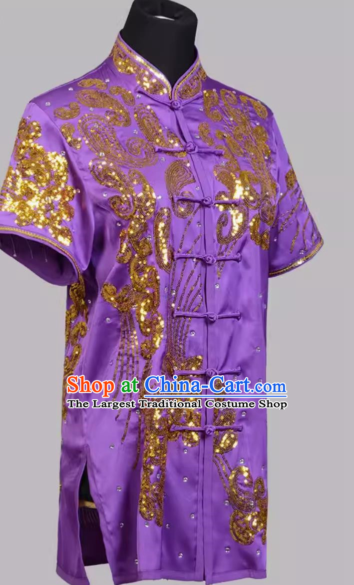 Martial Arts Uniforms For Teenagers And Children Purple Competition Uniforms For Men And Women Suits With Gold Sequin Embroidery