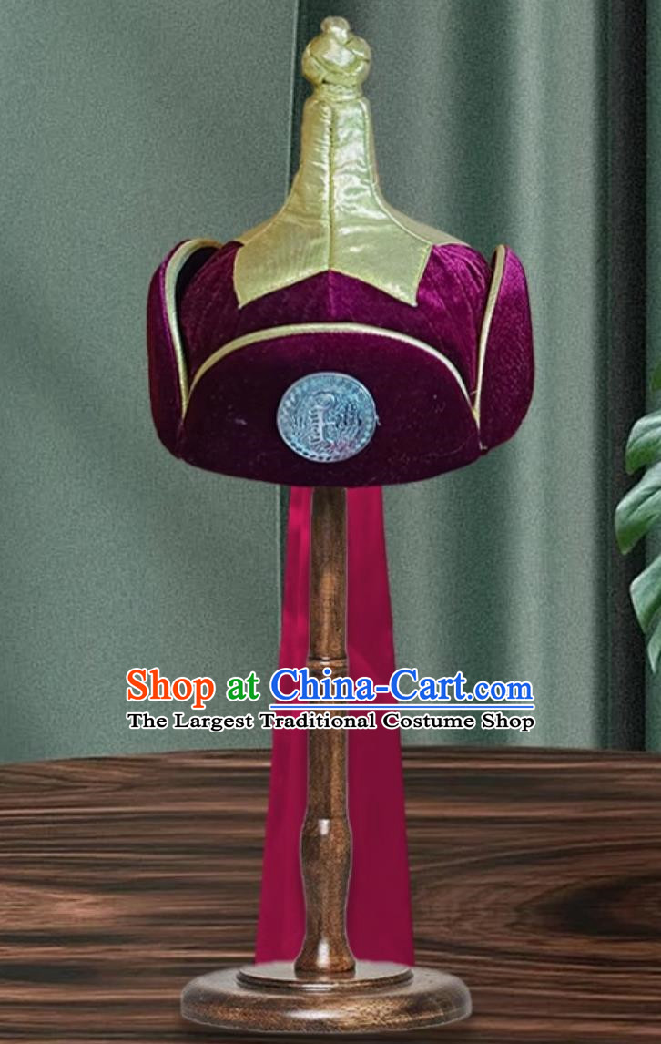 Burgundy Men Mongolian Hat Ethnic Style Dance Performance Ancient Crown Prince Hat Headwear