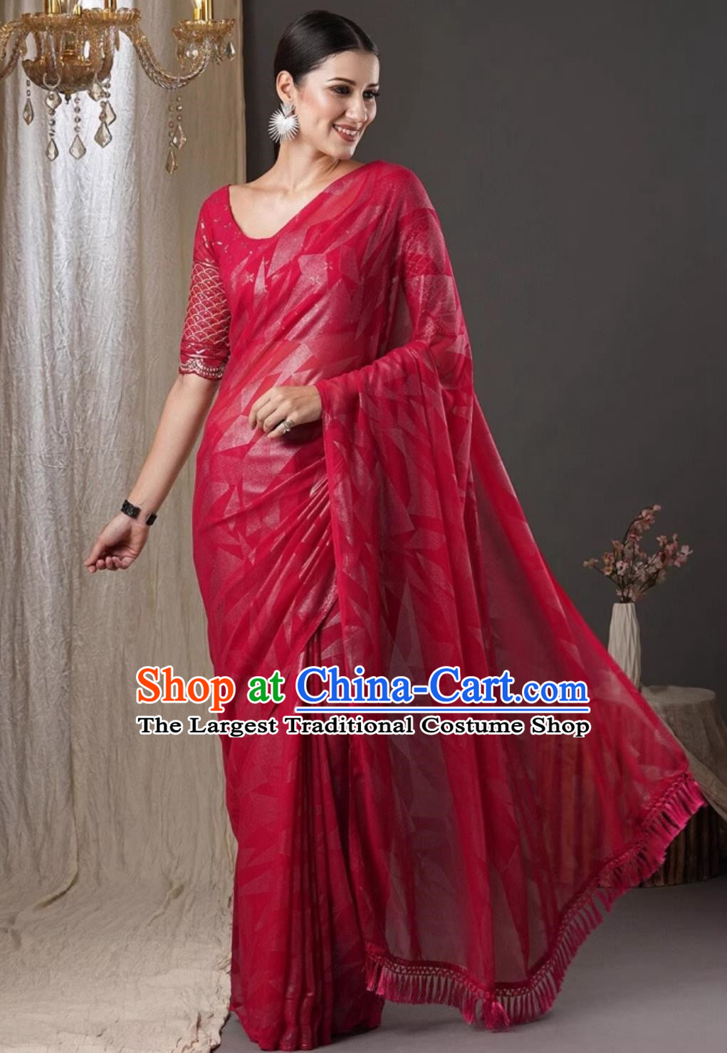 Big Red National Indian Saree Fringe Festival Party Traditional Ladies Wrap Skirt Sari