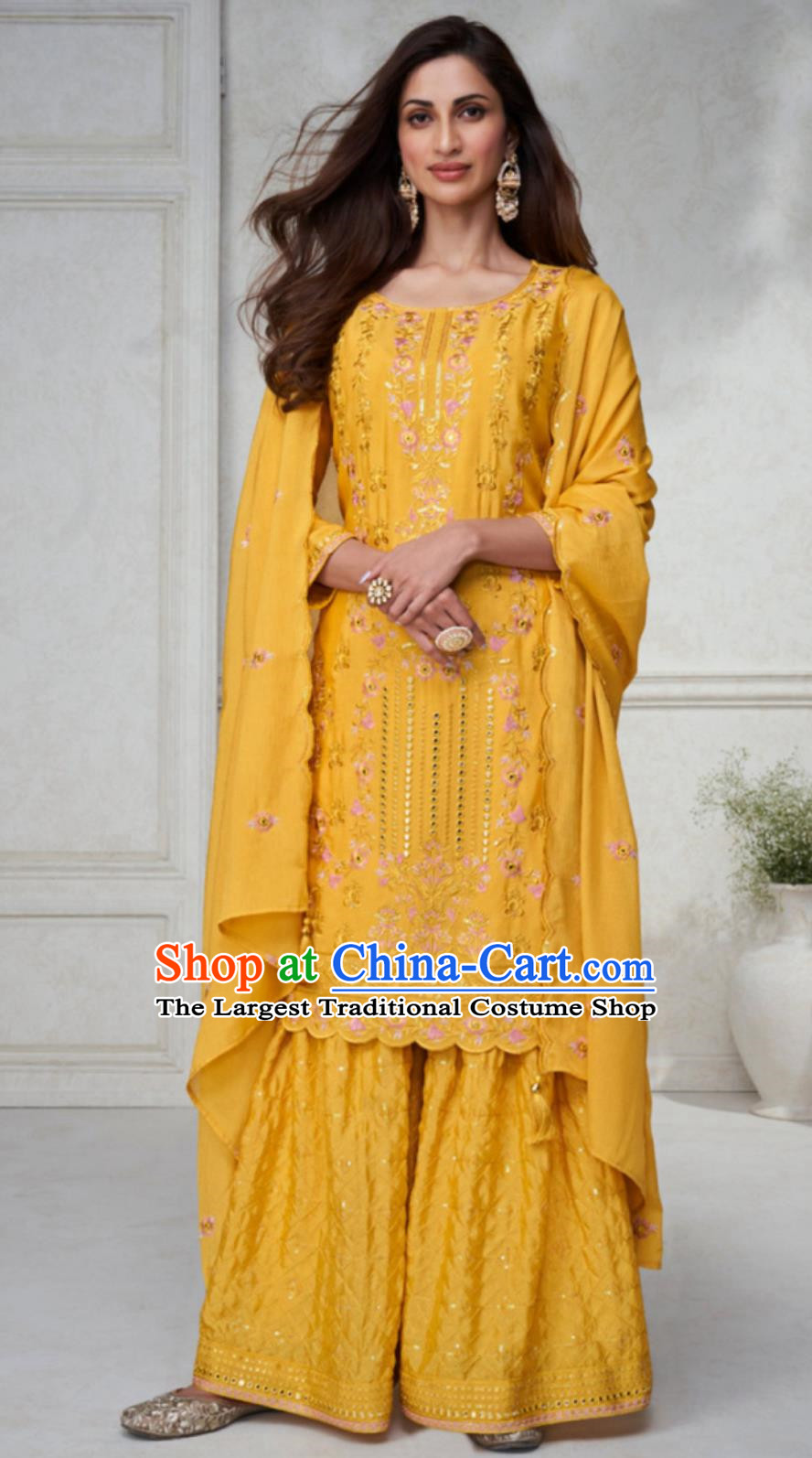 Yellow Indian Parajabi Three Piece National Embroidered Traditional Women Clothes