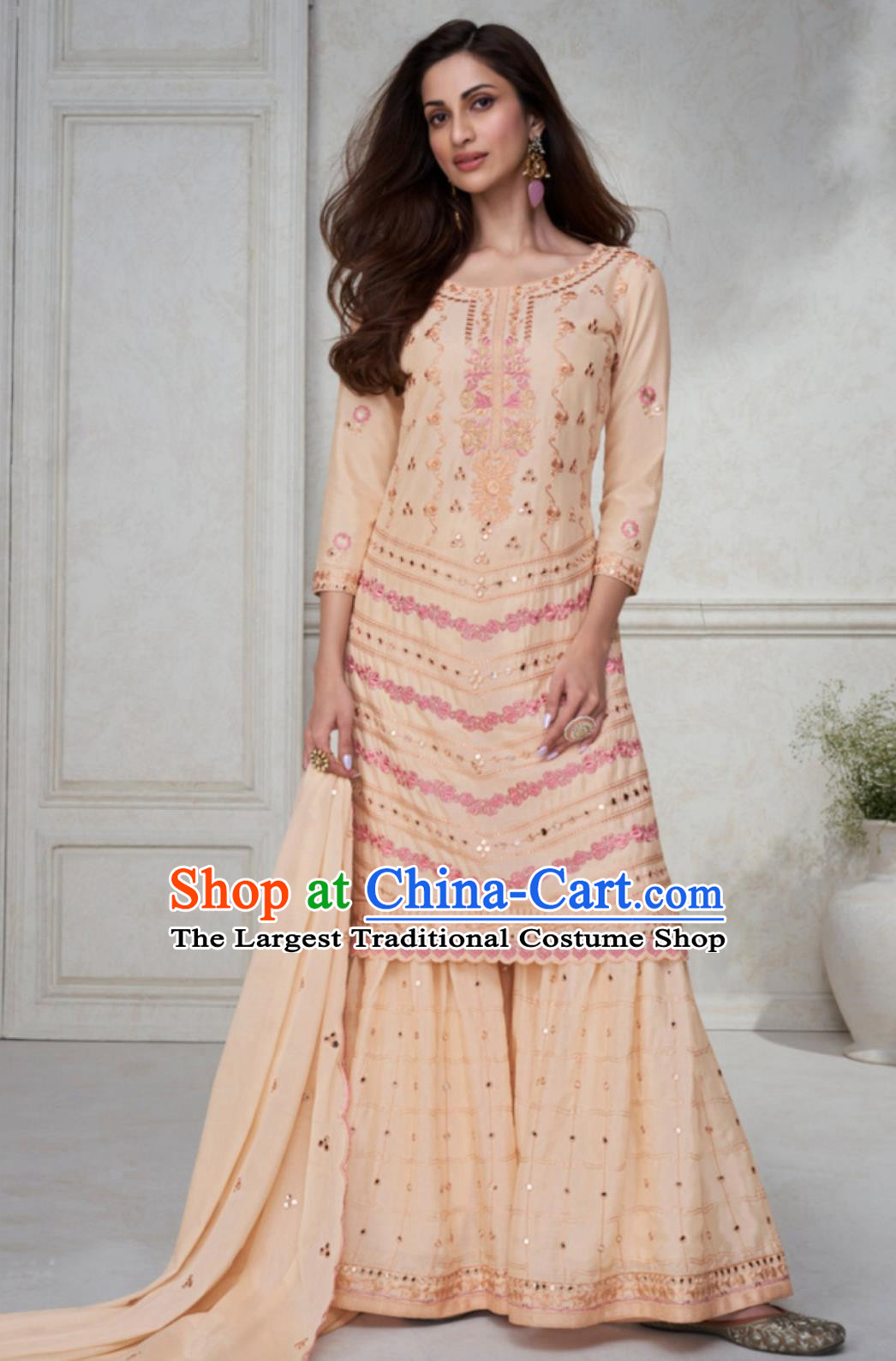 Peach Pink Indian Panchabi Three Piece National Embroidered Traditional Women Clothes