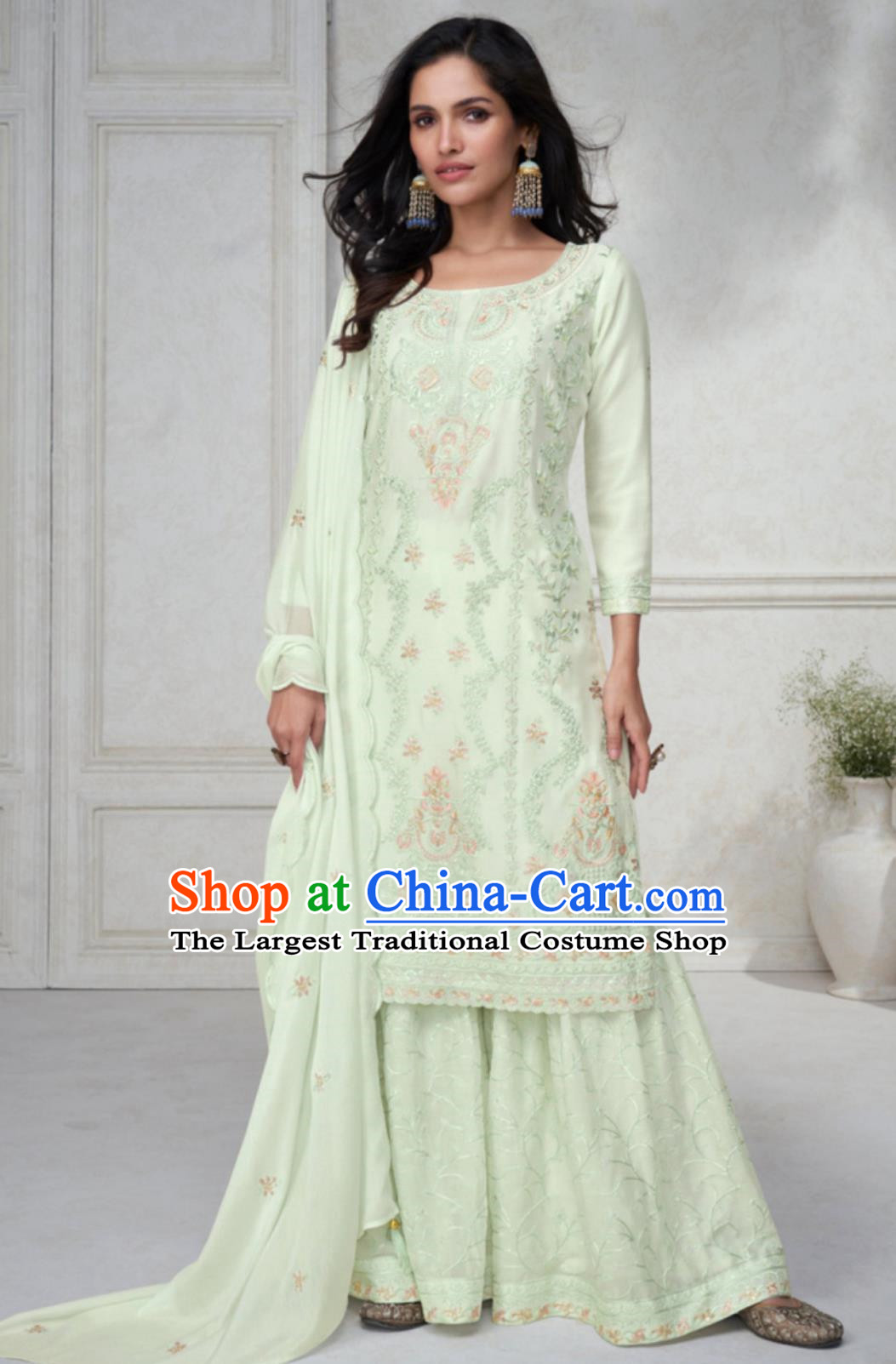 Light Green Indian Panjabi Three Piece National Embroidered Traditional Women Clothing