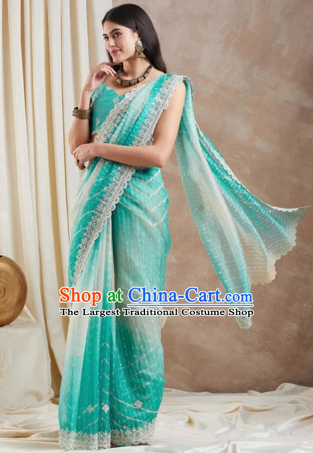 Indian Saree Mesh Embroidery National Ladies Wrap Skirt Sari