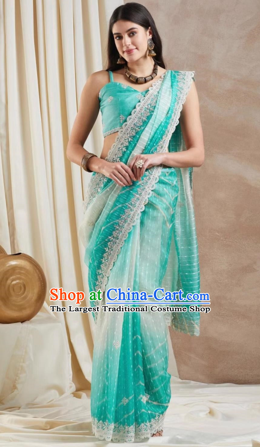 Indian Saree Mesh Embroidery National Ladies Wrap Skirt Sari