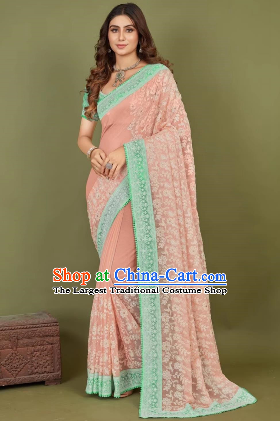 Peach Pink Chiffon Indian Saree Embroidered National Ladies Wrap Skirt Sari