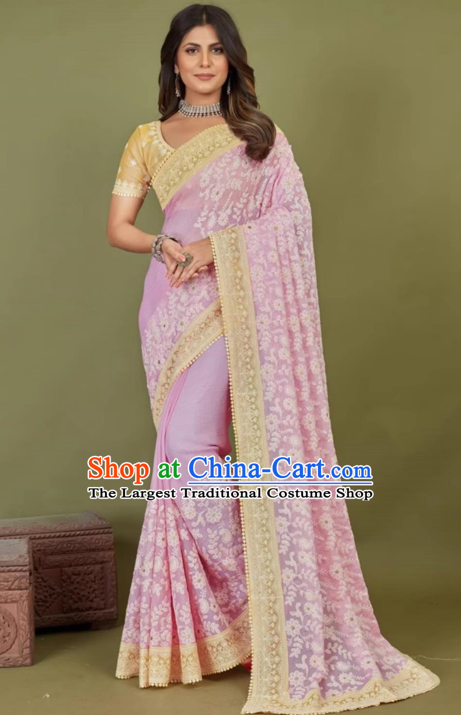 Pink Chiffon Indian Saree Embroidered National Ladies Wrap Skirt Sari
