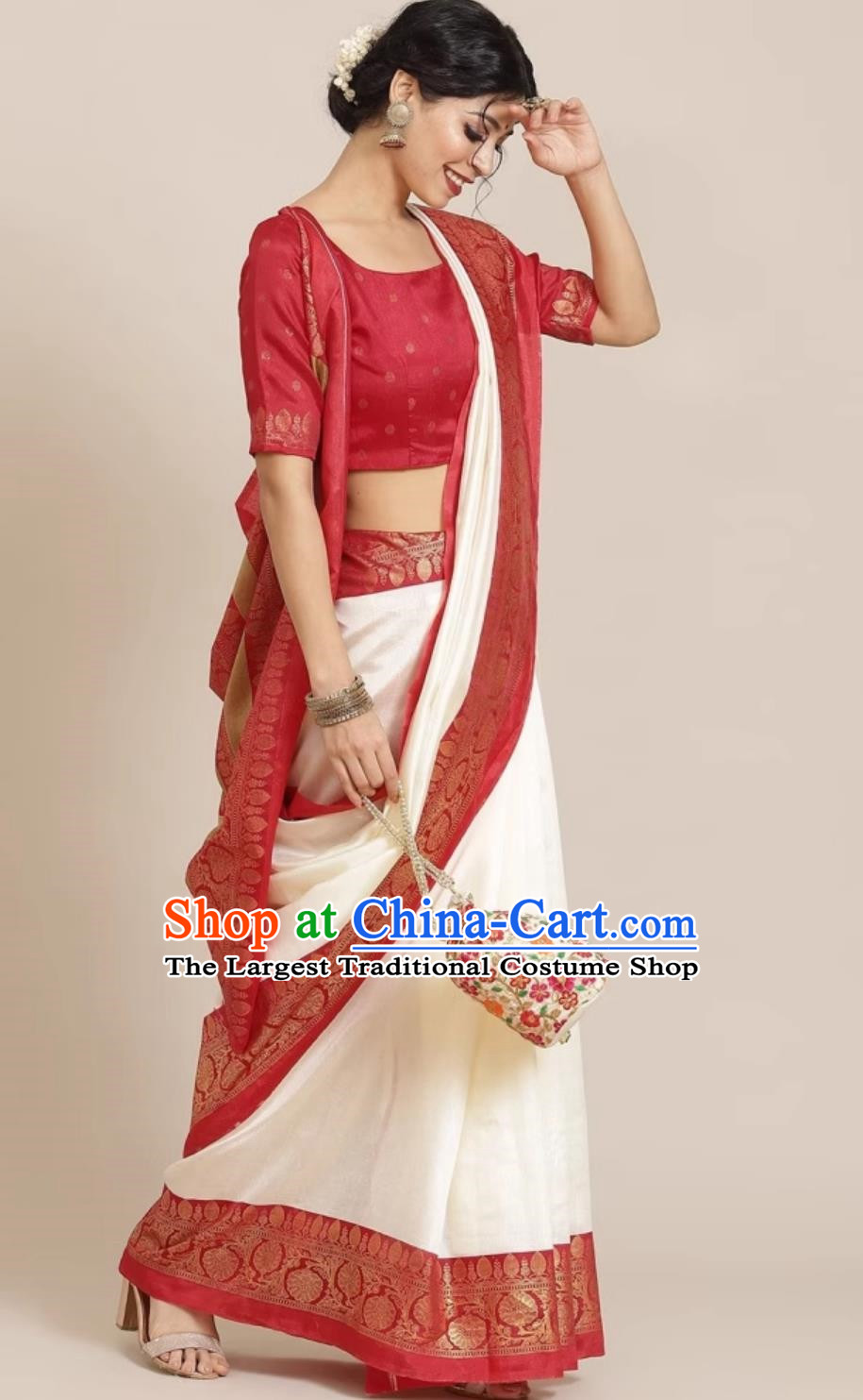 Indian Ladies Wrap Skirt Sari Featured Saree Off White Silk Jacquard Festive Outfit