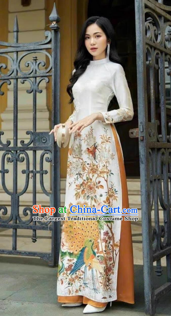 Vietnamese Ao Dai Ethnic Style Ao Dai Cheongsam Dress For Women Chinese Style Retro Peacock Skirt