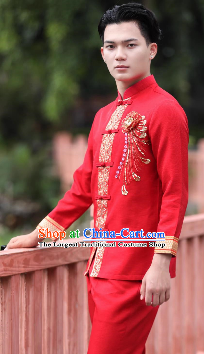 Dai Ethnic Groom Suit Thai Style Wedding Dress Bright Red Suit