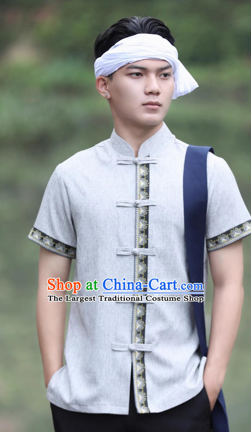 Gray Dai Men Tops Short Sleeved Button Down Shirt Daily Wear