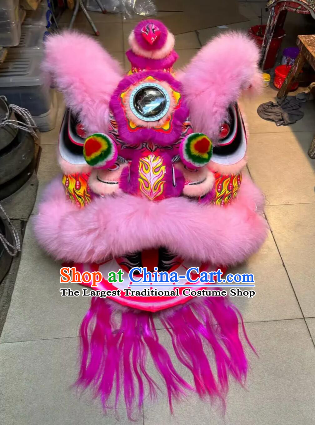 Chinese Dance Lion Professional Dancing Lion Head Handmade Pink Fur Fut San Lion Costumes Complete Set