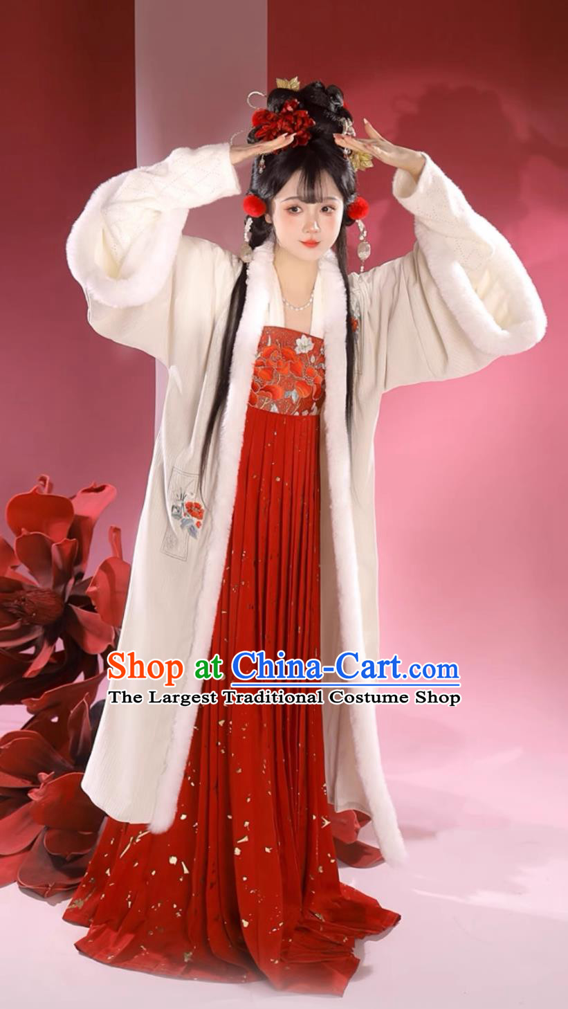 Chinese Song Dynasty Young Lady Costumes Traditional Ancient Women Winter New Year Outfit