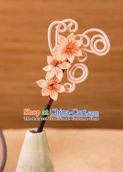 China Hanfu Hair Jewelry Ancient Young Lady Pink Flower Headpiece Handmade Qipao Ebony Hairpin