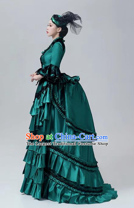 Rococo Runway Show Outfit Drama Photo Shoot Clothing European Court Dress Medieval Retro Dark Green Costume