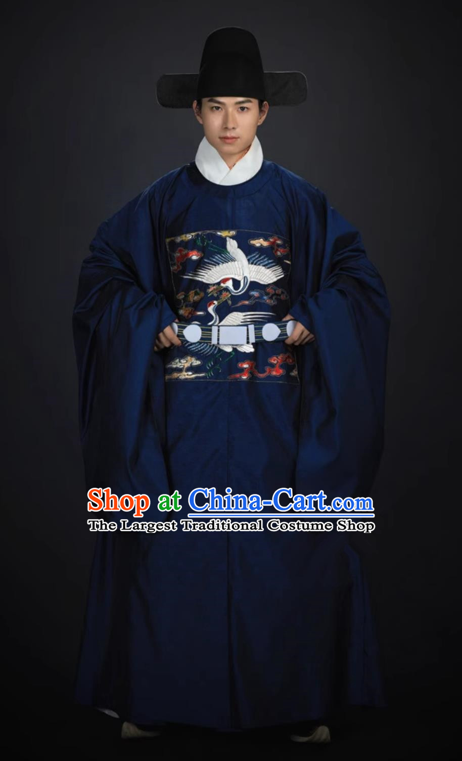 Ancient China First Rank Civil Official Official Clothing Dark Blue Chinese Embroidered Double Cranes Robe Ming Dynasty Court Costume