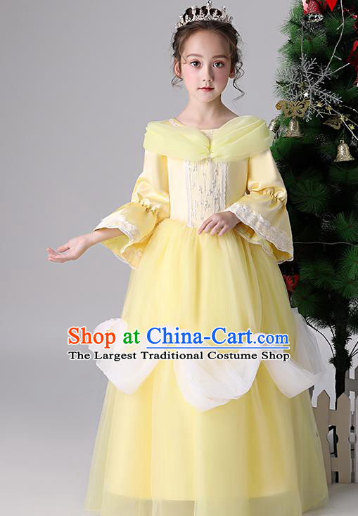 Children Birthday Full Dress Christmas Performance Costume Yellow Long Sleeved Girl Princess Dress