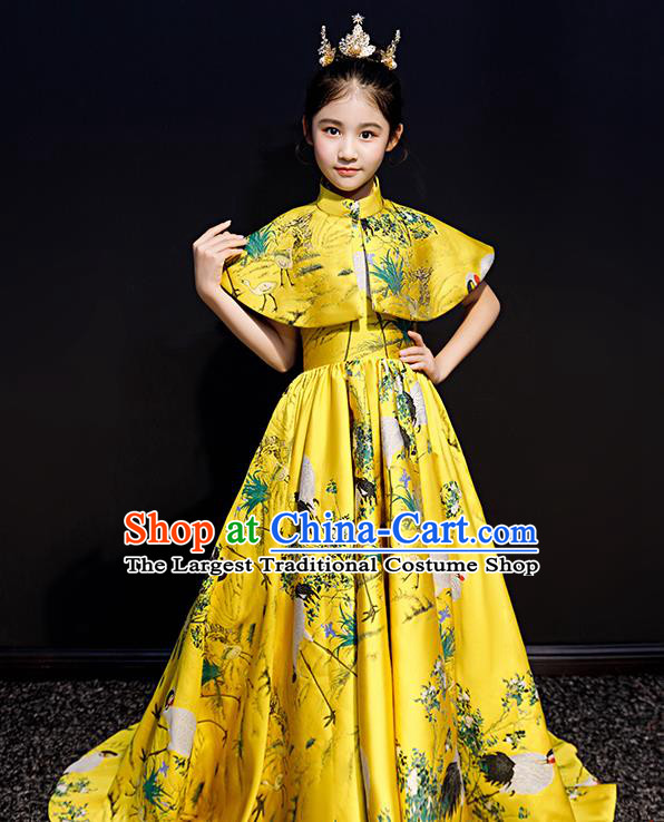 Chinese Style Children Costume Top Girl Model Runway Princess Dress Long Tail Dress Birthday Performance Clothing