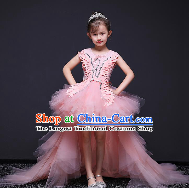 Pink Children Dress Princess Trailing Dress Girl Model Runway Clothing Playing Piano Performance Costume