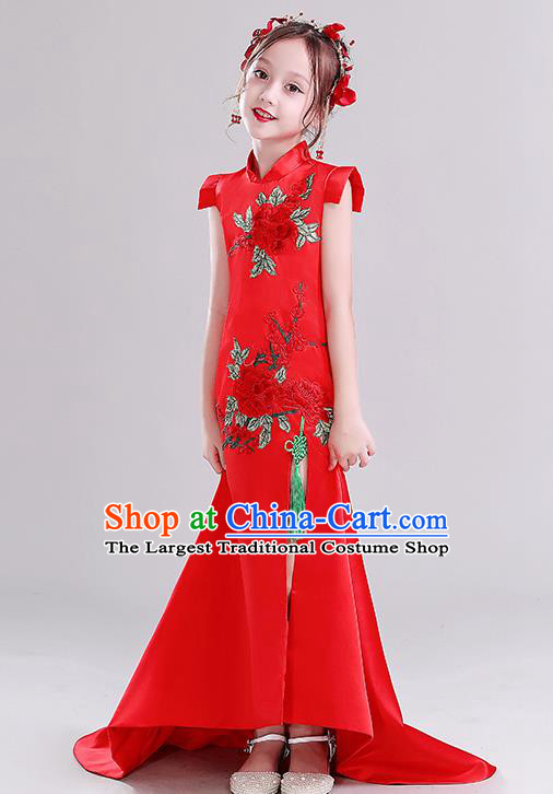 Children Clothing Chinese Style Girl Qipao Model Walking Show Fishtail Dress Host Playing Guzheng Red Performance Costume