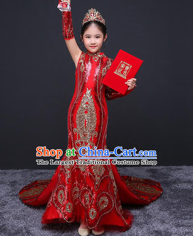 Red Children Dress Top Model Runway Evening Dress Sequined Fish Tail Costume China Spring Festival Gala Performance Clothing