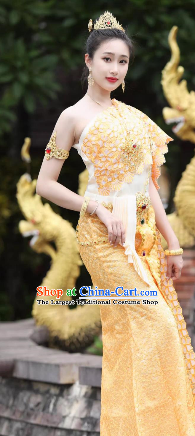 Bride Yellow Uniform Thai Clothing Women Set Thailand Traditional Embroidered Costume