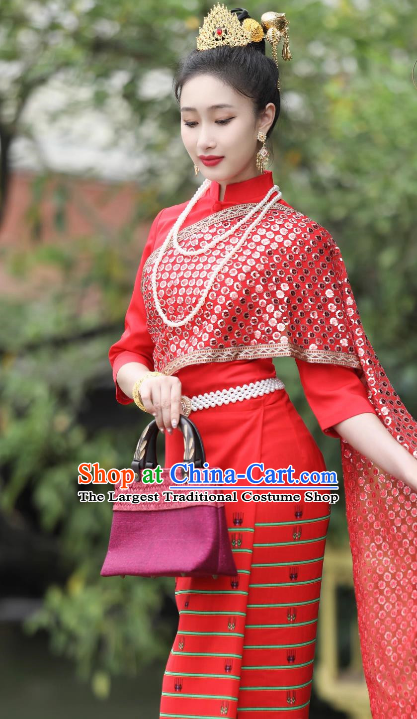 Thai Women Set Dai Nationality Red Blouse And Skirt Work Uniform Thailand Traditional Costume