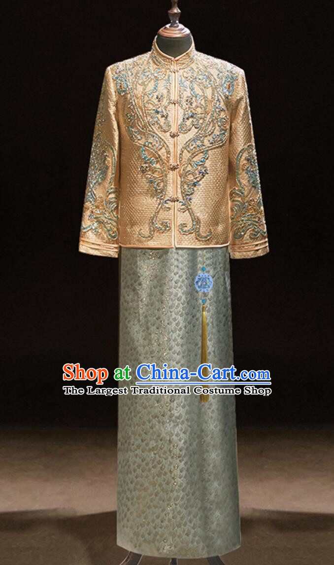 Chinese Groom Mandarin Jacket and Long Gown Traditional Wedding Attire Complete Set