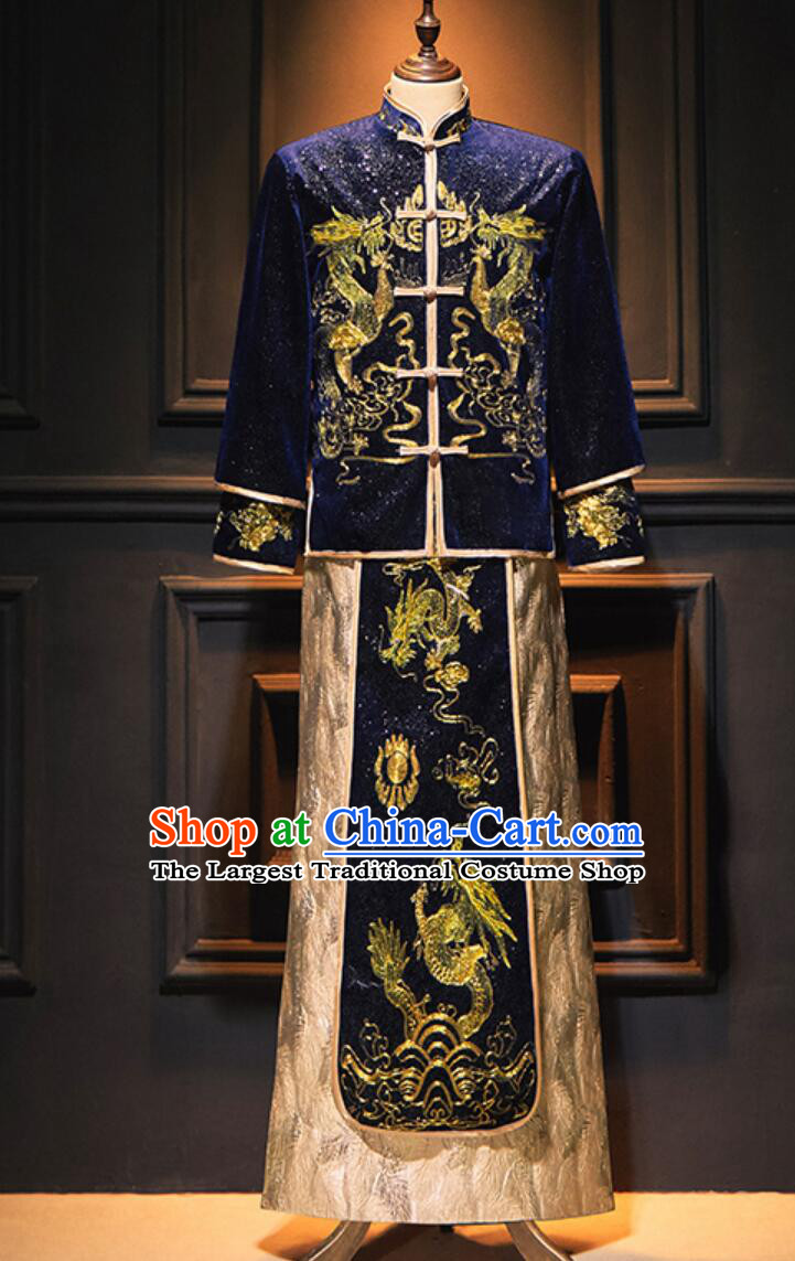 Chinese Tang Suit Traditional Wedding Attire Groom Dark Blue Mandarin Jacket and Long Gown Complete Set