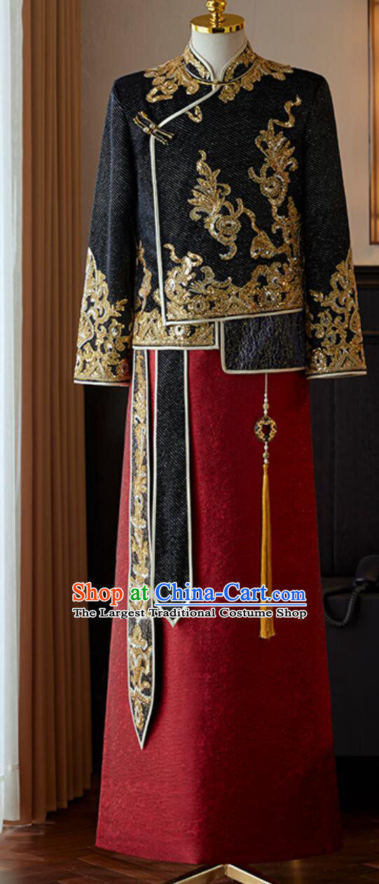 Chinese Black Mandarin Jacket and Long Gown Male Xiuhe Suit Traditional Wedding Groom Attire Complete Set