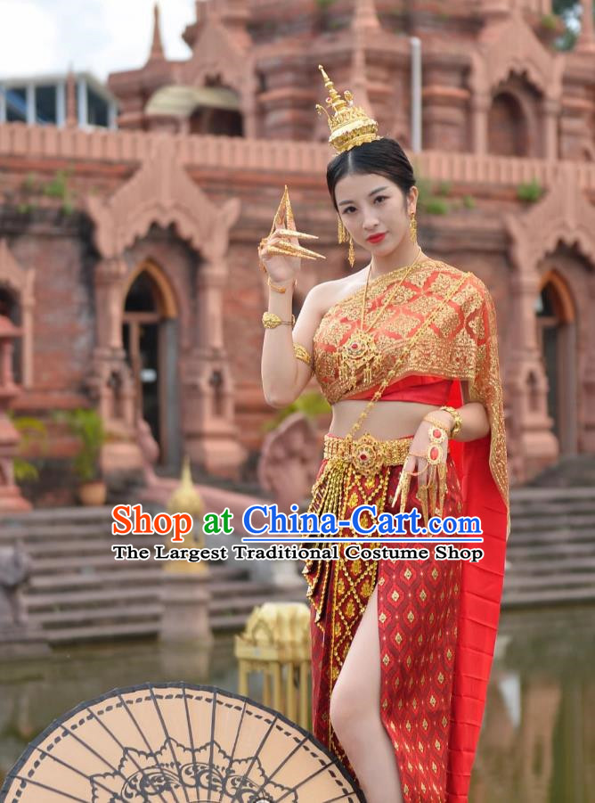 Thai Handmade Beaded Bra Skirt with Split Red Thailand Women Costume Chinese Dai Princess Clothing