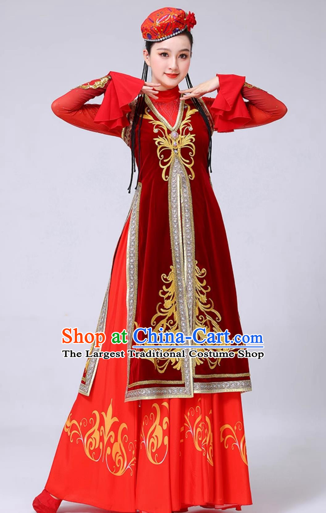 Xinjiang Dance Performance Costume Red Velvet Uyghur Dance Dress Chinese Ethnic Dance Clothing